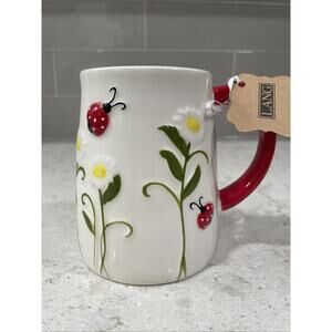 LADYBUGS Hand Painted Yellow Raised Floral Daisy Lang Ceramic 18oz Mug Ladybug